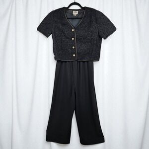 Vintage Reggio Black Textured Short Sleeve Jumpsuit Evening Party Woman Size 10